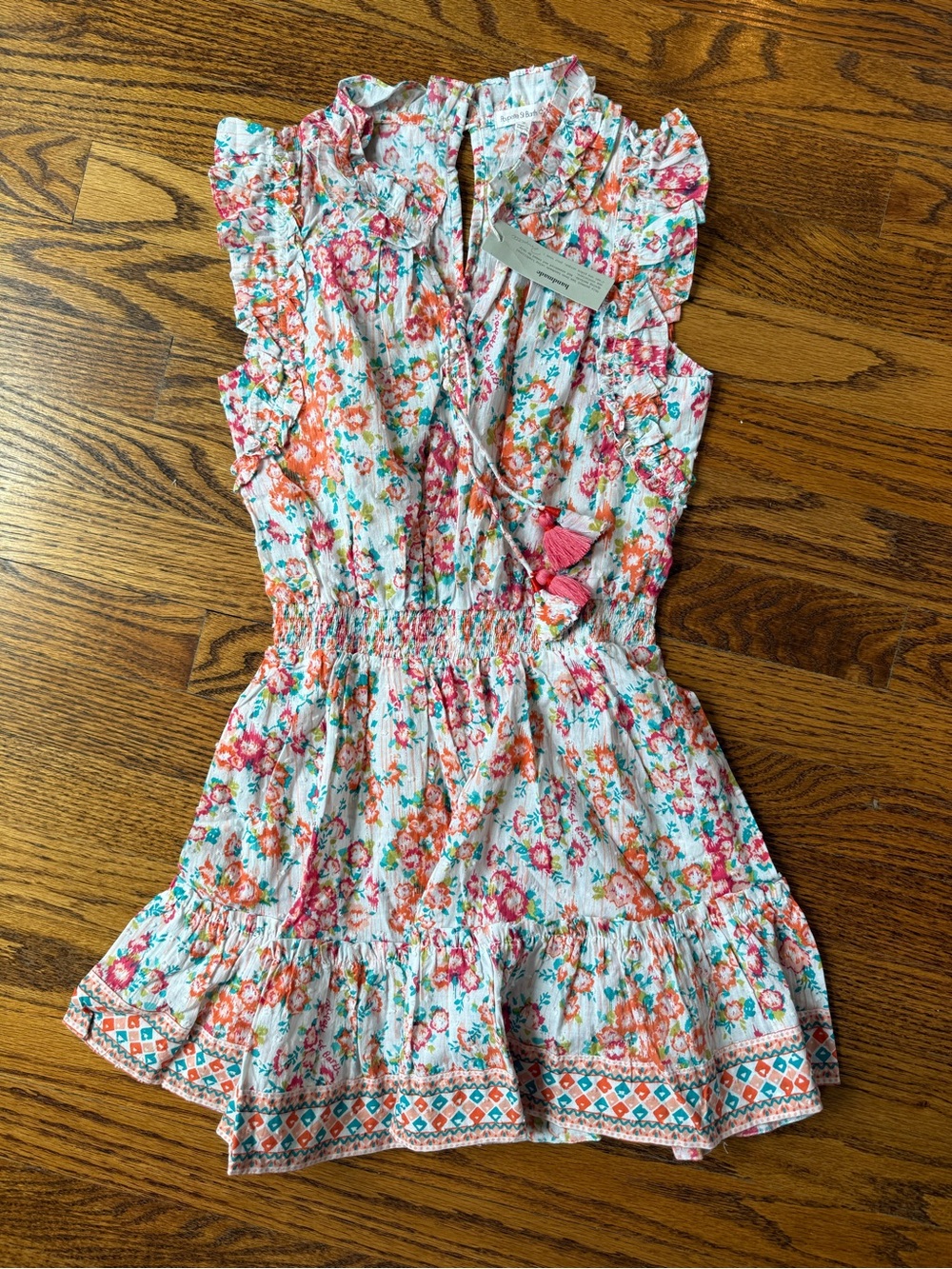 Poupette St. Barth Girls White Floral Tiered Dress with Coral and Teal Accents